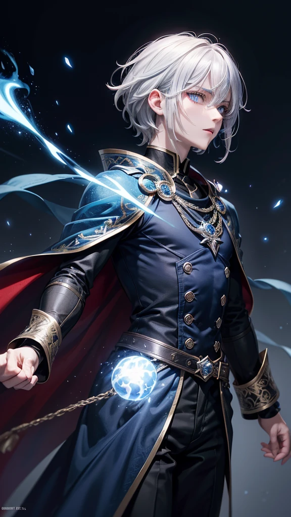 (Highest quality,Very detailed,High resolution:1.2),One adult male,Silver Hair,The most beautiful young man in human history,Dark blue eyes (Dark blue eyes:1.1),さみし気なaura(aura:1.1),(mysterious,Ghostly:1.1) atmosphere,Looks like half a demon,(Demonic traits,Demonic traits),(Elaborate,wonderful) ,Strong body、Shortcuts、Use magic、auraが漂う、Cape、Powerful、Confident expression、Are standing、Very Short Hair、Hair in transverse divisions、Perm、Sharp Eyes、Angry、Throws glowing blue fireballs、Emits a flash of light from the body、profile