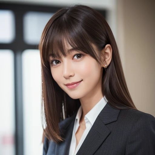 8k RAW Photos,Highest quality, Highest quality:1.1, masterpiece:1.3,Ultra-high resolution, (Realistic:1.4), RAW Photos, (Knee:1.5, From the side), Natural skin texture:1.1, Realistic eye and facial details:1.3, Fuller lips,(The background is blurred:1.4), (Suite Room), 1 Japanese girl, cute, (alone:1.6), (A shy smile), (Dark brown eyes), Smooth Skin, (Brown medium hair,bangs), (Touching your hair:1.4),Nogizaka,office,business suit、Full Body Lesbian、standing