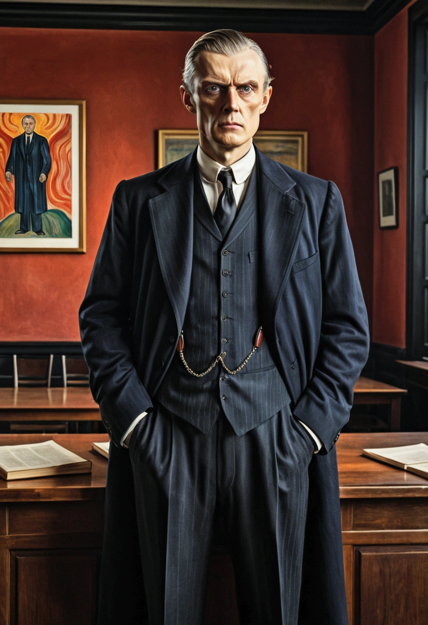 Lawyer, full body, by Edvard Munch, cinematic still, (best quality, masterpiece), very aesthetic, perfect composition, photorealistic, intricate details, ultra-detailed, vivid colors