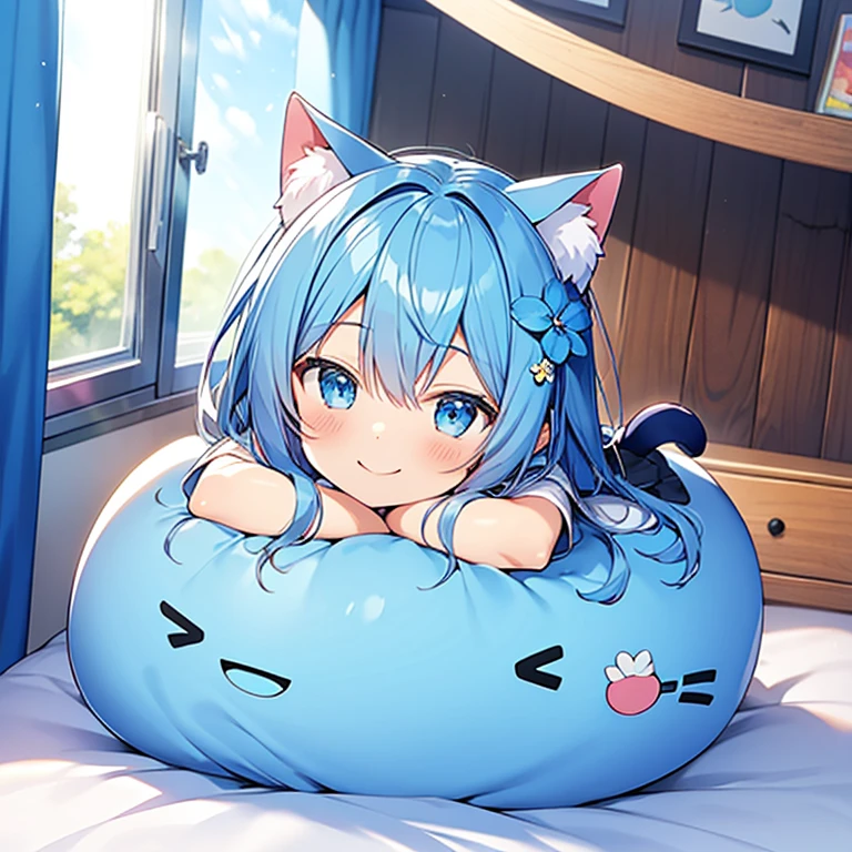 blue face,blue cat year,cute,,chibi character,blue flower,Moe Anime,smile,room