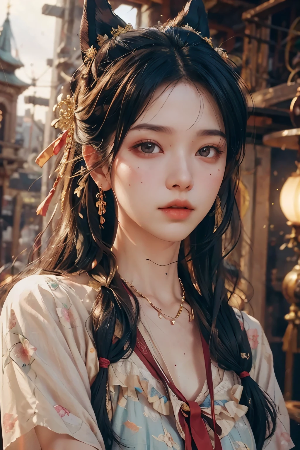(RAW Photo, Best Quality), (Realistic, Photo Realistic: 1.3), Best Quality, Highly Detailed, Masterpiece, Hyperdetail, Illustration, 1 Girl, upper_body, Dynamic Angle, World Masterpiece Theater, messy_long_hair, Best Quality, Extremely Detailed CG Unified 8k Wallpaper, ink, Amazing, Cinematic Lighting, lens_flare, Chu Chu Touching,Fantasy City and its Inhabitants,