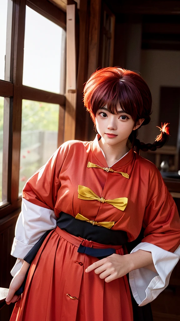 best quality,masterpiece,Ultra-high resolution,(photoactual:1.4),Budokan,,Comics by Rumiko Takahashi(Ranma 1/2),character ranma(female)Red long hair braid,Cute face,Wearing red kung fu suit,
