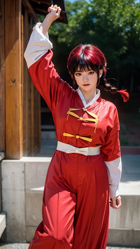 best quality,masterpiece,Ultra-high resolution,(photoactual:1.4),Budokan,,Comics by Rumiko Takahashi（Ranma 1/2）,character ranma（female）Red long hair braid,Cute face,Wearing red kung fu suit,