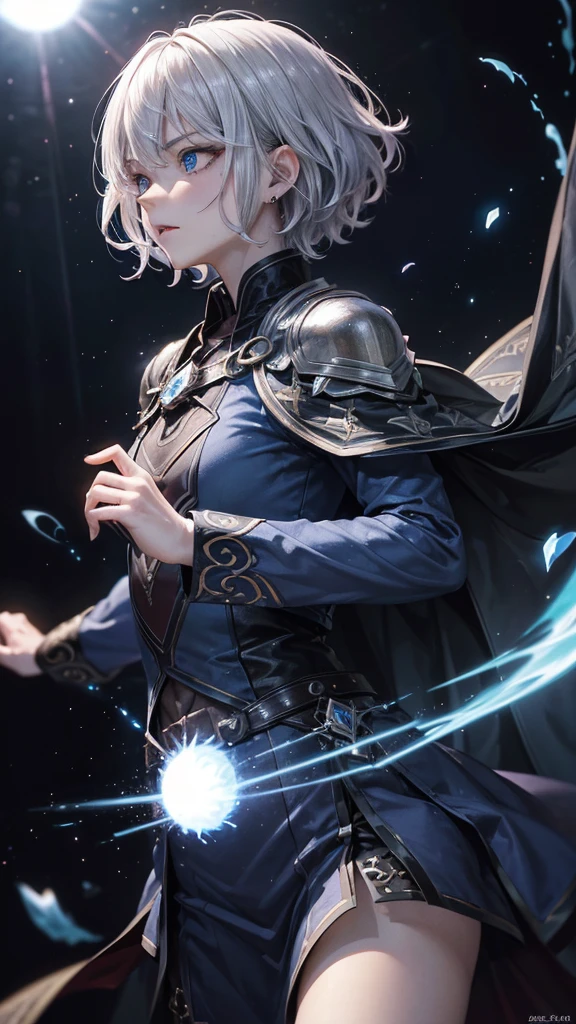(Highest quality,Very detailed,High resolution:1.2),One adult male,Silver Hair,The most beautiful young man in human history,Dark blue eyes (Dark blue eyes:1.1),さみし気なaura(aura:1.1),(mysterious,Ghostly:1.1) atmosphere,Looks like half a demon,(Demonic traits,Demonic traits),(Elaborate,wonderful) ,Strong body、Shortcuts、Use magic、auraが漂う、Cape、Powerful、Confident expression、Are standing、Very Short Hair、Hair in transverse divisions、Perm、Sharp Eyes、Angry、Throws glowing blue fireballs、Emits a flash of light from the body、profile