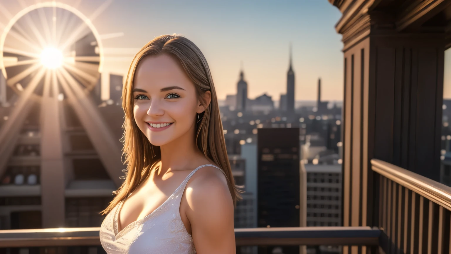 (masterpiece:1.2) (best quality) (detailed) (intricate) (8k) (HDR) (wallpaper) (cinematic lighting) (sharp focus),1girl, city, real_world_location, HD melissa sue anderson, smiling, smile happy, 20 years old girl, break, upper body, closeup, break, Three suns phenomenon