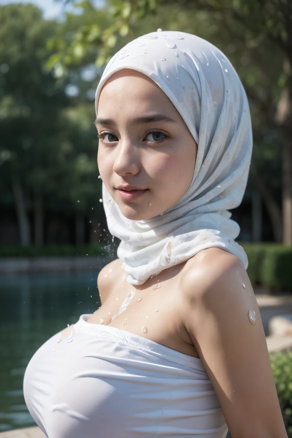 (Naked Strapless dress), Chubby adorable, 1 girl, (face to face), 10 years old, baby face, happy, half body portrait, (face details: 1), (eye details: 1), ((big breasts)). wearing transparent transparency soft soft night dress, ((hijab)), .. Cute posed. proportional body. Ultra High Res. realistic: 1.4, UHD, (floral pattern), view from side seductive pose,  (((Water Splash)))