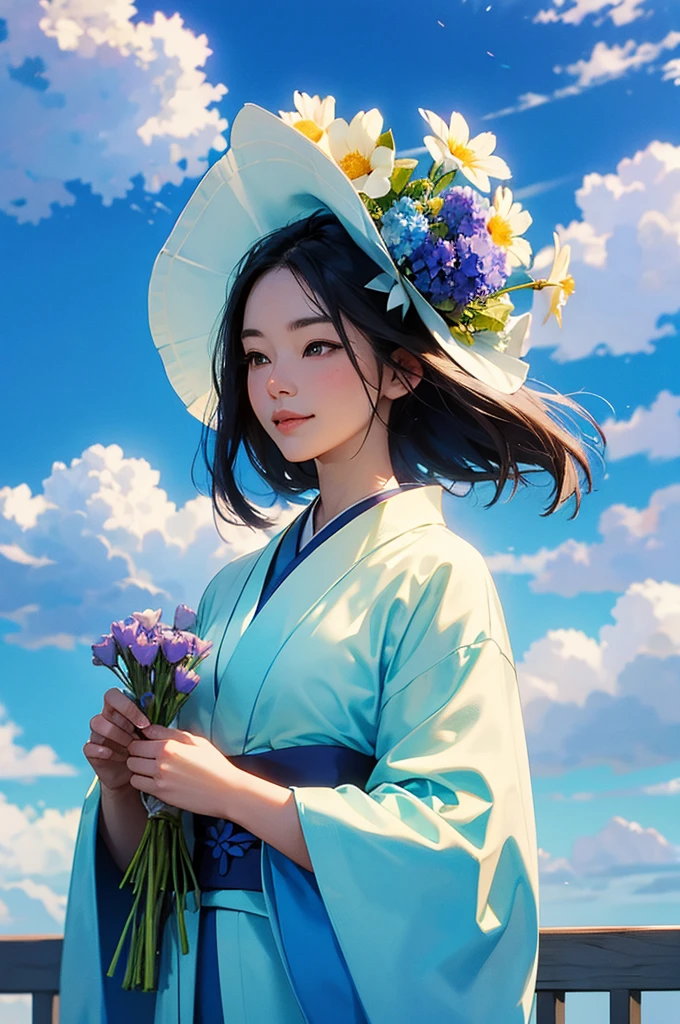 Under a clear blue sky, a beautiful woman wearing a blue kimono smiles while holding a bouquet of flowers.