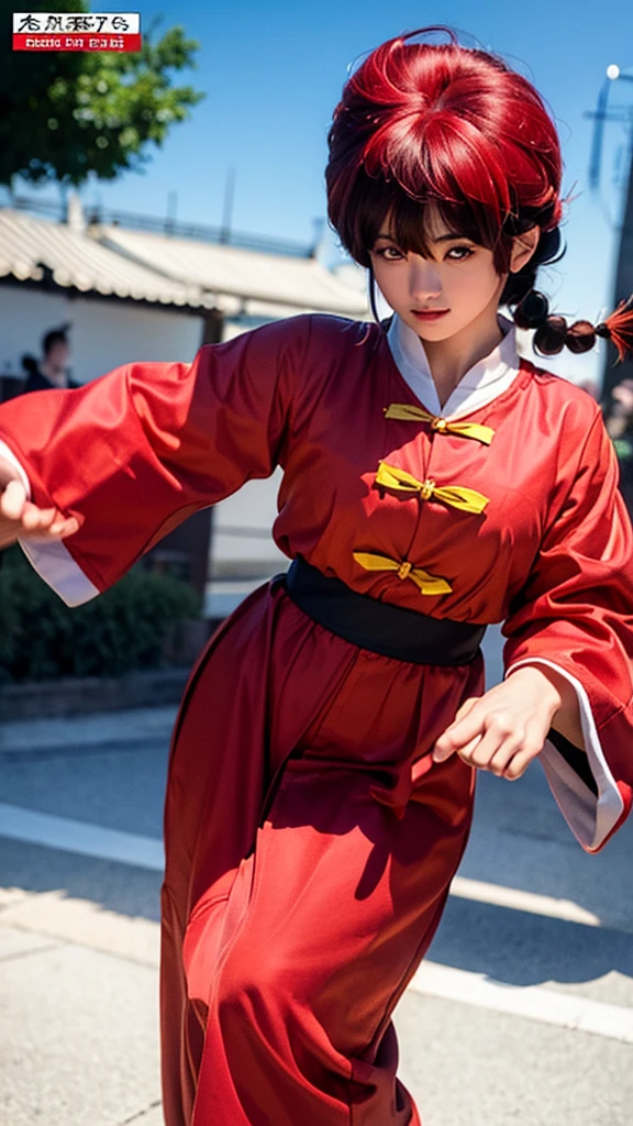 best quality,masterpiece,Ultra-high resolution,(photoactual:1.4),Budokan,,Comics by Rumiko Takahashi(Ranma 1/2),character ranma(female)Red long hair braid,Wearing red kung fu suit,