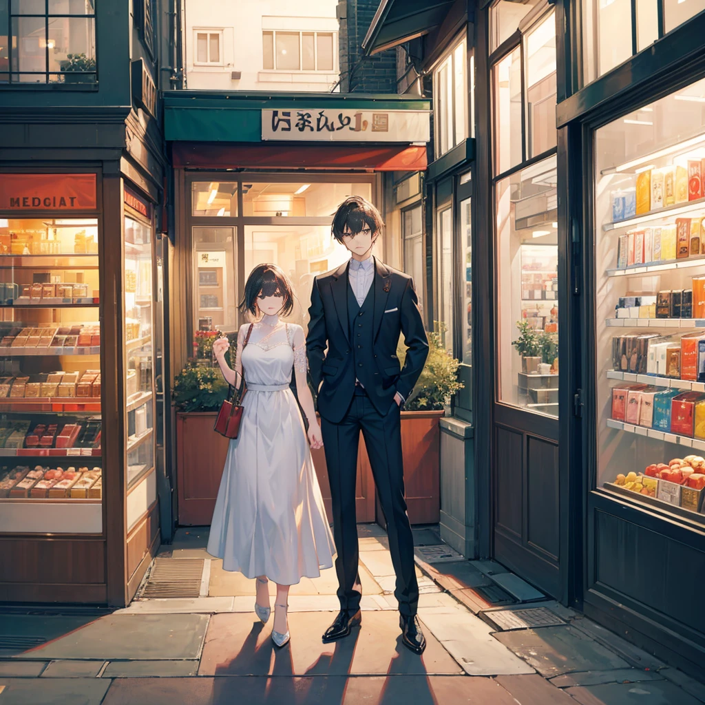Street landscape of an evening city in early autumn. Young man and woman standing near the window of a large store.