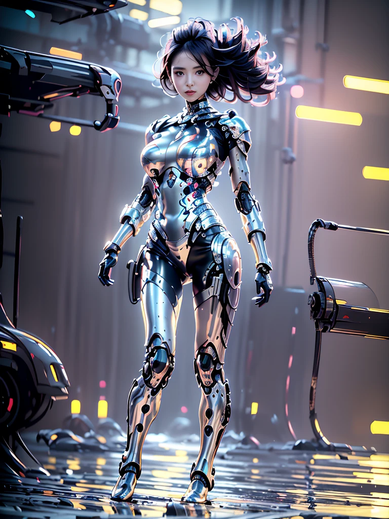 female robot, thin, skin part is only face, silver metal skin, full metal robot body, mechanical parts, electronic wire, cum in pussy, high quality, medium breasts, bob hair, tall, thigh gap, full body metal skin, wet, cum in pussy, metallic tits, separated breast, under repair, anatomical body, unreal engine, from below