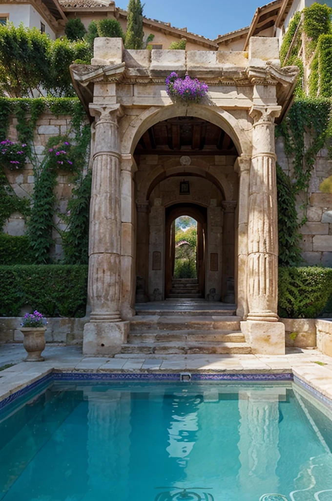 Ancient Greek architecture carved into the mountain at the junction of the sea and the mountain, pool garden at the front of the villa, create a fancy picture with purple flowers, make it realistic