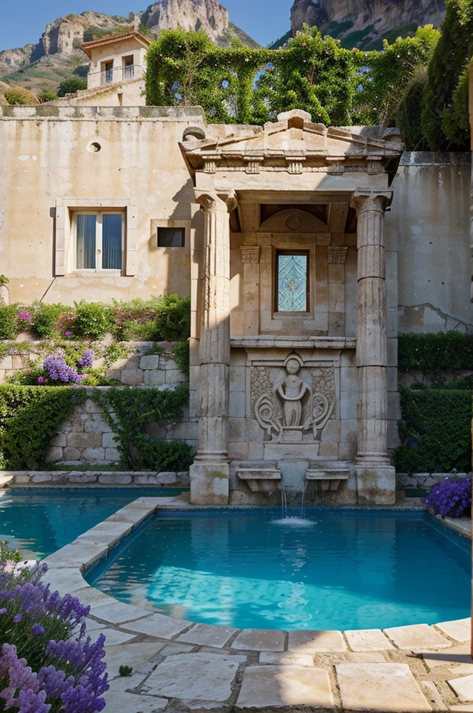 Ancient Greek architecture carved into the mountain at the junction of the sea and the mountain, pool garden at the front of the villa, create a fancy picture with purple flowers, make it realistic