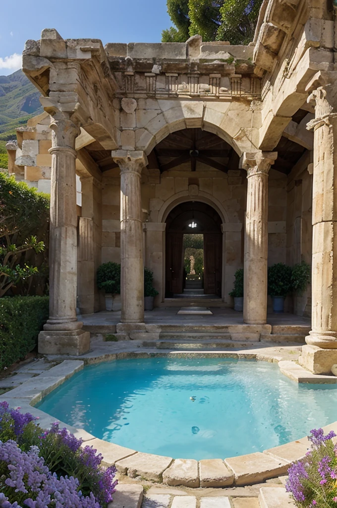 Ancient Greek architecture carved into the mountain at the junction of the sea and the mountain, pool garden at the front of the villa, create a fancy picture with purple flowers, make it realistic