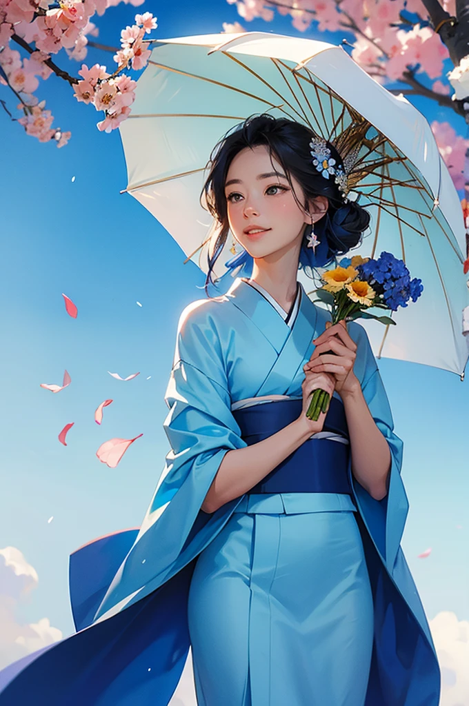 Under a clear blue sky, a beautiful woman wearing a blue kimono smiles while holding a bouquet of flowers.
