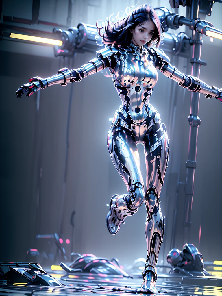 female robot, thin, skin part is only face, silver metal skin, full metal robot body, mechanical parts, electronic wire, cum in pussy, high quality, medium breasts, bob hair, tall, thigh gap, full body metal skin, wet, cum in pussy, metallic tits, separated breast, under repair, anatomical body, unreal engine, from below