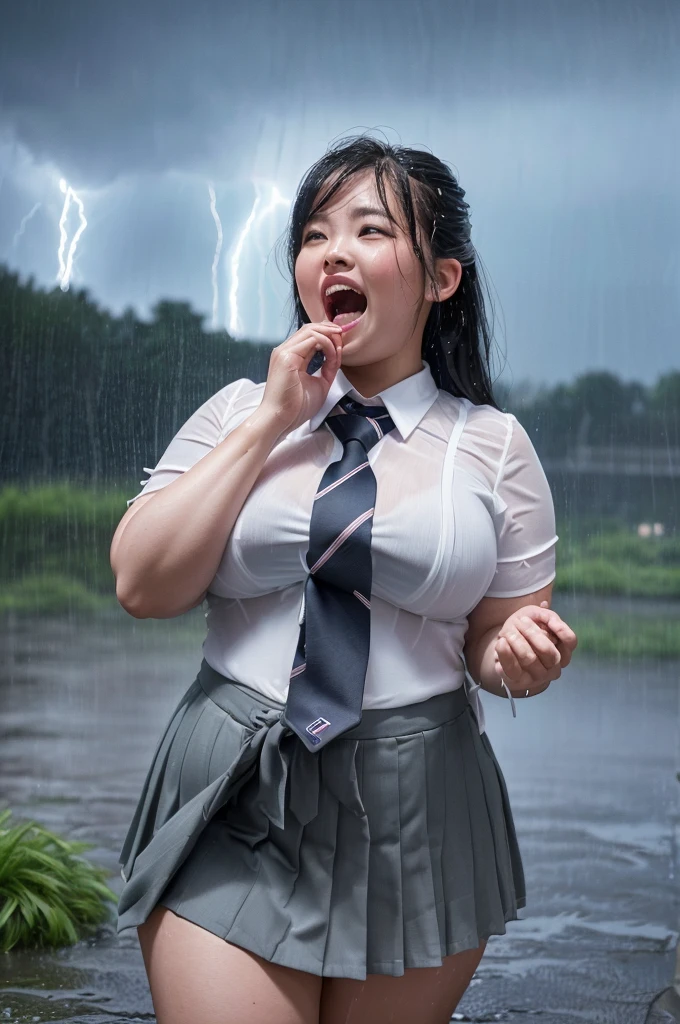 (8k, Ultra High Resolution, Best Quality, Masterpiece: 1.2), Ultra Realistic, (Realistic, Photorealistic: 1.37), (Realistic Skin: 1.2), Ultra HD, Canon EOS RP, 8k, Korean Woman, Smiling, (Screaming: 1.4), (Chubby: 1.4), ((Super Curvy)))) (Mature Woman: 1.3), (Checked Mini Pleated Skirt: 1.2), (Tie: 1.5), (Heavy Rain: 1.3), (Thunderstorm: 1.4), (Rainstorm: 1.5),