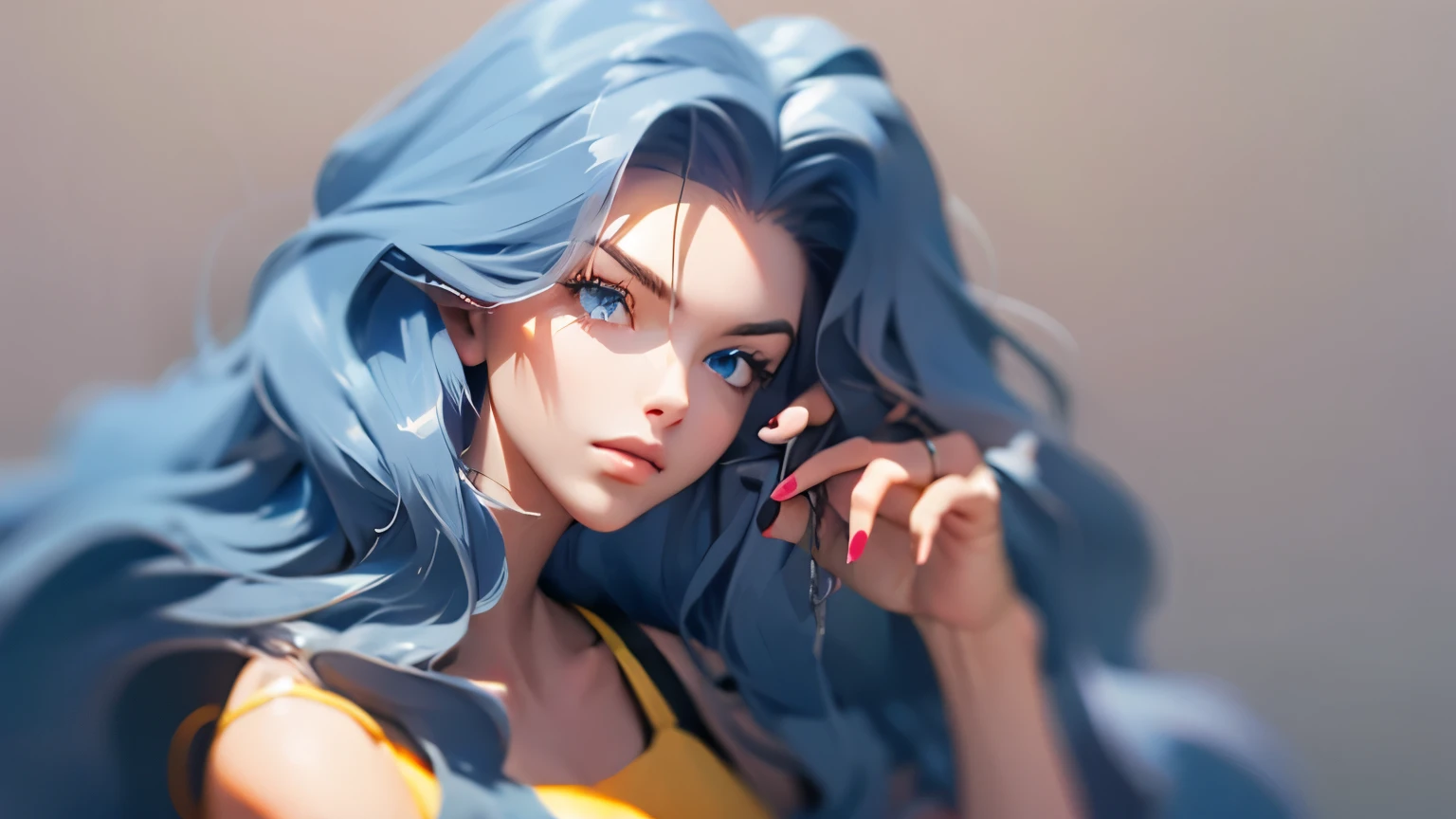 karen, yellow crop top, long hair, curly hair, wavy hair, very voluminous hair, blue hair, light eyes, blue eyes, woman's holding a cell phone, cell phone touching the side of the head, the woman is not looking at you