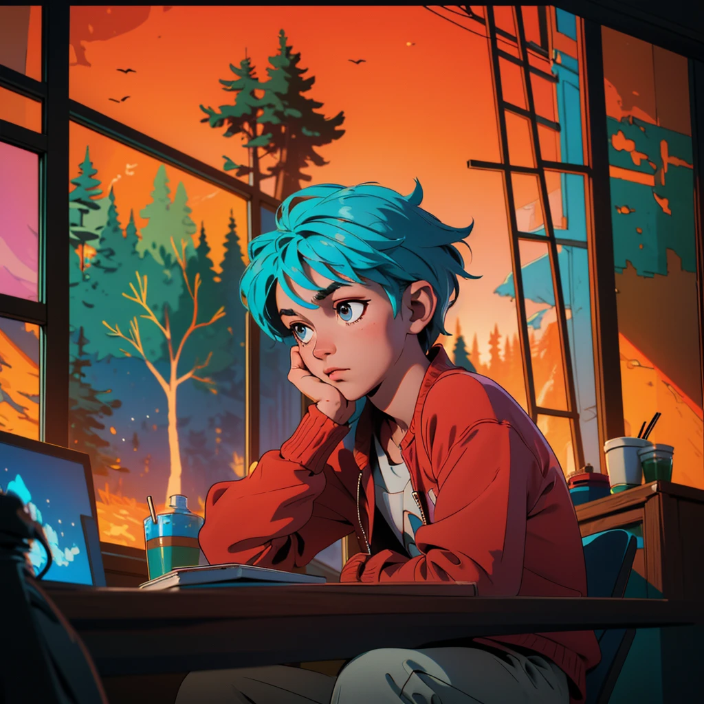(master part) a boy (eyes) studying sitting in his room, with his redset, entire room with a computer desk, on his desk, with headphones on, nerdy decor, video games on the wall, posters, window showing the forest , calm, at peace, thinking, cinematic, color grading, beautifully color coded,