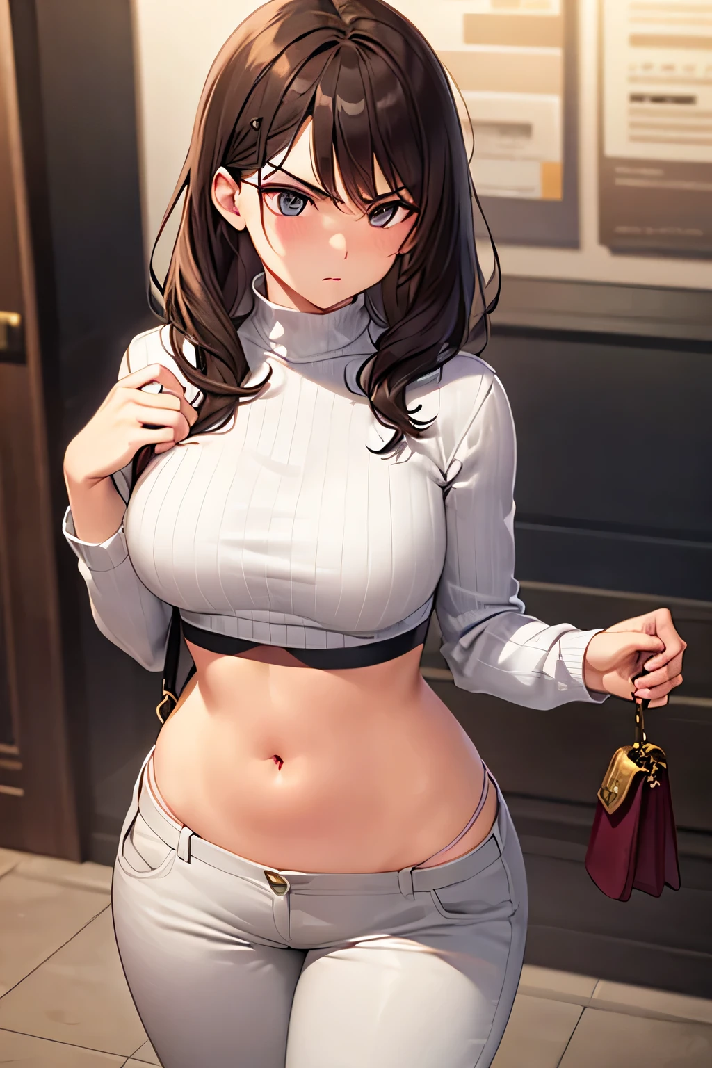 super fine illustration, vibrant colors, masterpiece, sharp focus, best quality, depth of field, cinematic lighting, ultra detailed, cropped shirt, turtleneck, long sleeves, long pants, belt, navel, belly button, tummy, wide hips, 1 woman, solo, milf, very messy hair, slender, blush, annoyed, mature female, tall woman, looking down, v-shaped eyebrows, medium breasts, brown hair, stomach, carrying purse,
