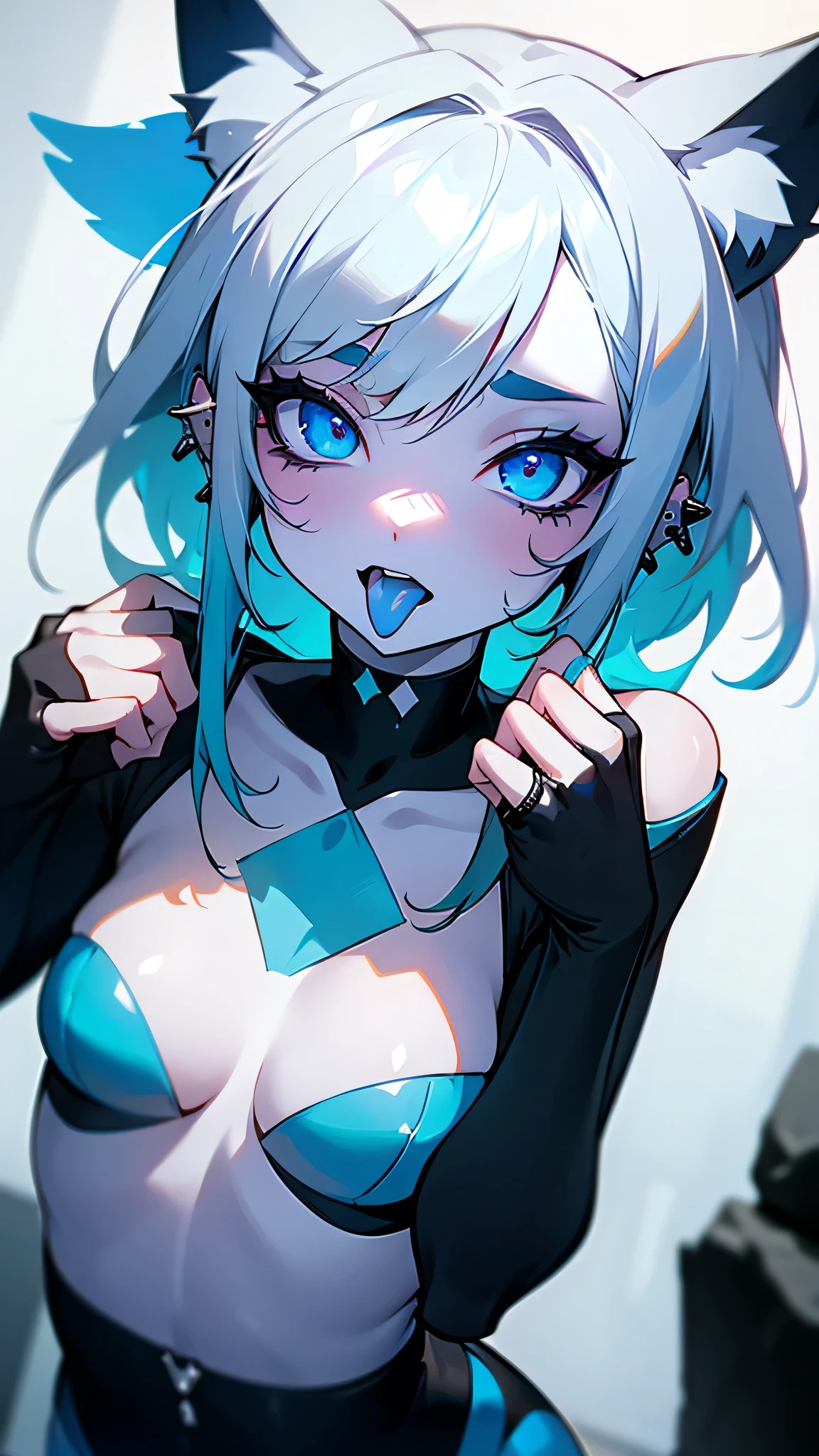 She is a short girl with piercings all over her face, dressed all in black exposing her pure white skin, and drowned in a rock band.She is in the studio putting on pretty makeup for his meeting today.
High resolution, blue eyes, Animal ears, tongue, Highest quality, Ahegao, Overexposure,