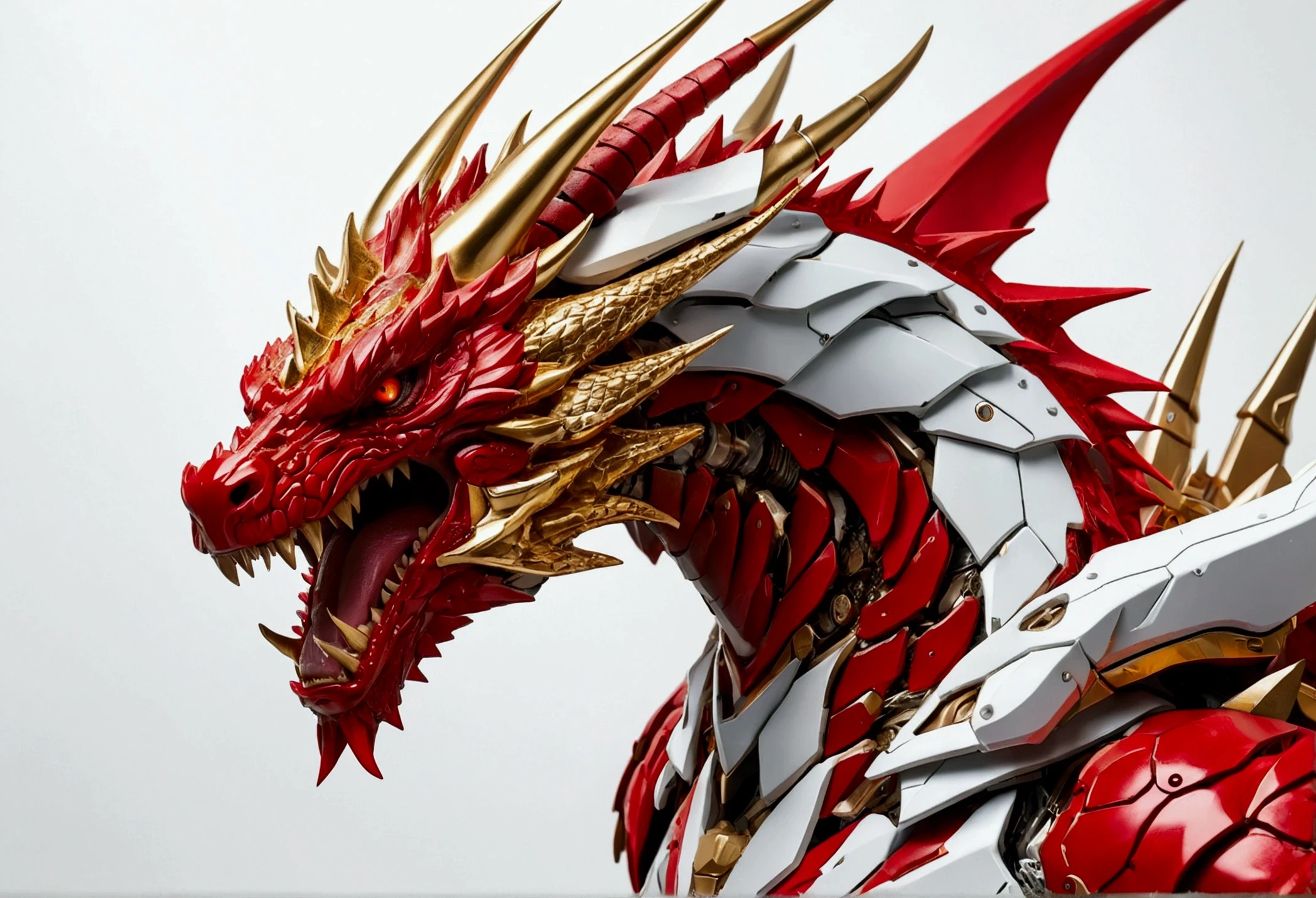 mecha red angry dragon, sharp details, realistic, 4k, RAW photo, luxury abstract white background, gold accents