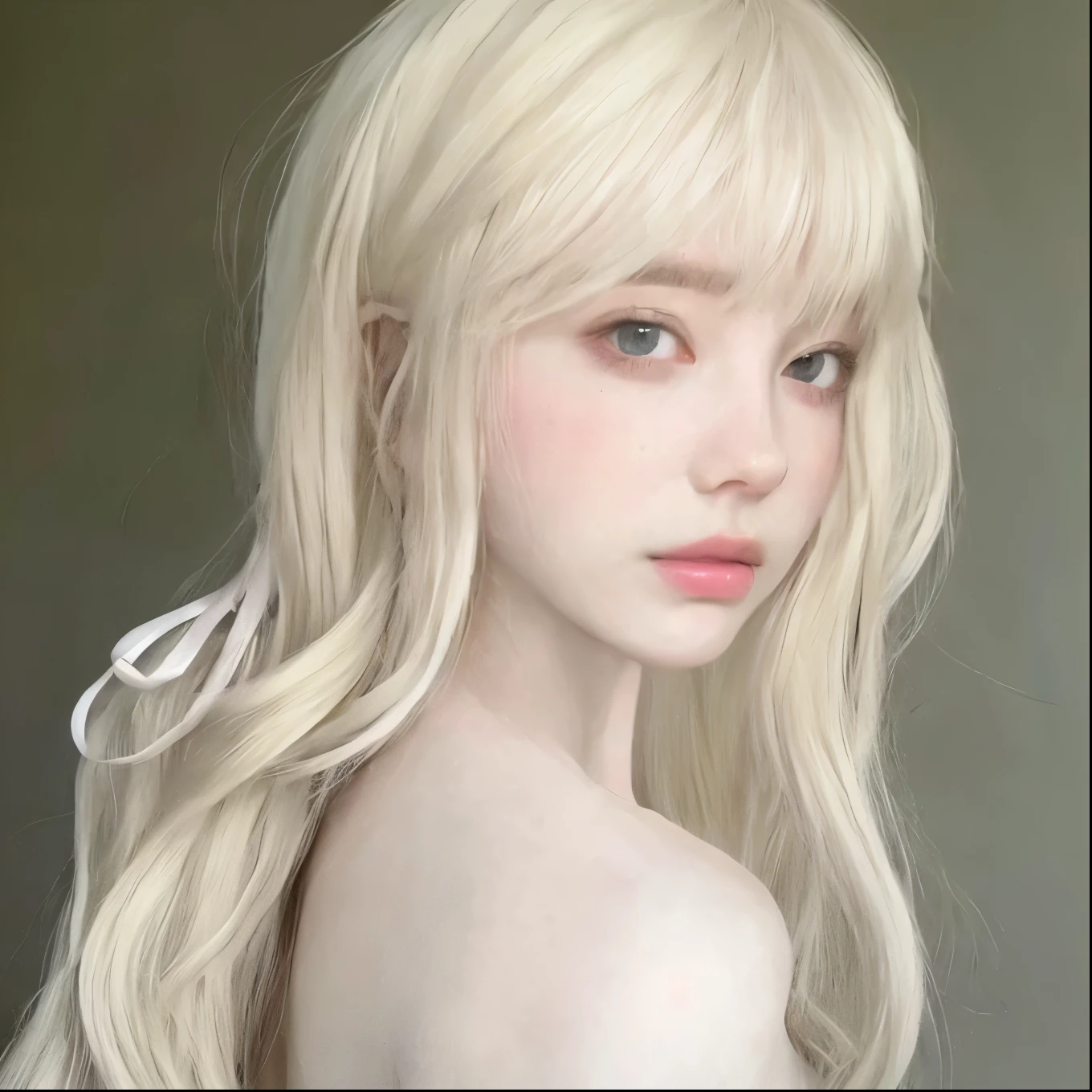 chica de pelo rubio con pelo largo y un lazo rosa, pelo largo y blanco y flequillo, pale porcelain white skin, pale ivory skin, ulzzang, extremely pale blonde hair, peinado de corte hime blanco, pale fur, Lalisa Manobal, pale milky white porcelain skin, flequillo blanco, con el pelo largo y blanco, con pelo largo y blanco, very very pale blonde hair