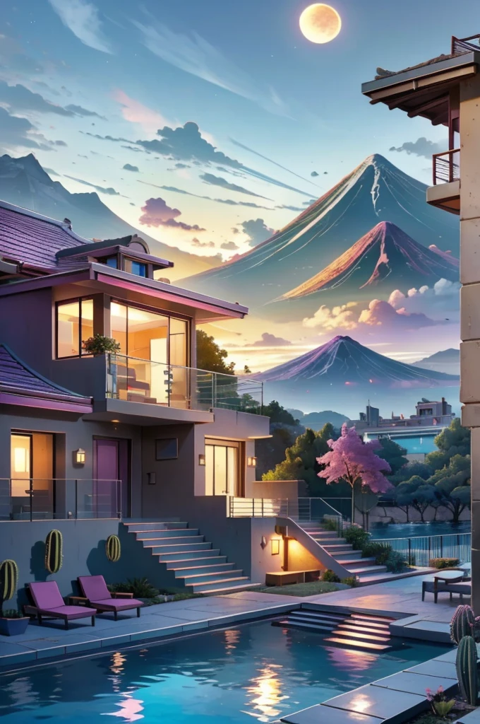Multiple houses, brutalism style, Luis Barragán, Mountains in background, river, pool, terraces, stairs, garden terraces, trees, beautiful clouds, moon, sun, detailed, cacti, boulders, volcanic rocks, fuggy, river, lake, Violet, orange, olive green, blue, magenta, amazing volcano in horizont, beautiful garden design