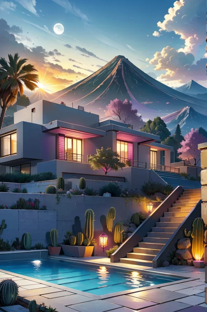 Multiple houses, brutalism style, Luis Barragán, Mountains in background, river, pool, terraces, stairs, garden terraces, trees, beautiful clouds, moon, sun, detailed, cacti, boulders, volcanic rocks, fuggy, river, lake, Violet, orange, olive green, blue, magenta, amazing volcano in horizont, beautiful garden design