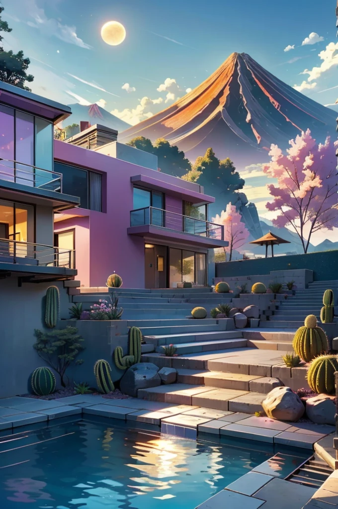 Multiple houses, brutalism style, Luis Barragán, Mountains in background, river, pool, terraces, stairs, garden terraces, trees, beautiful clouds, moon, sun, detailed, cacti, boulders, volcanic rocks, fuggy, river, lake, Violet, orange, olive green, blue, magenta, amazing volcano in horizont, beautiful garden design
