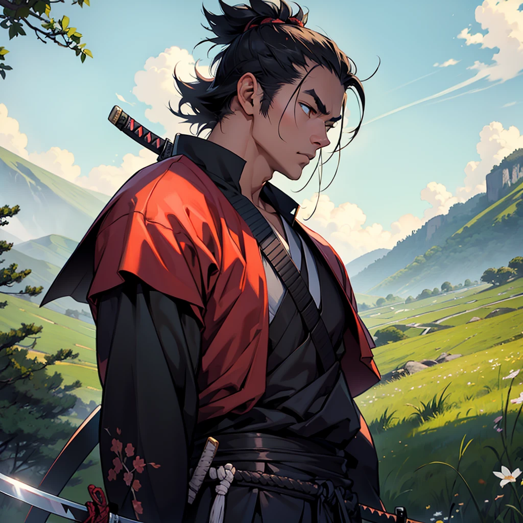 The samurai holds his katana and looks into the distance on a huge field
