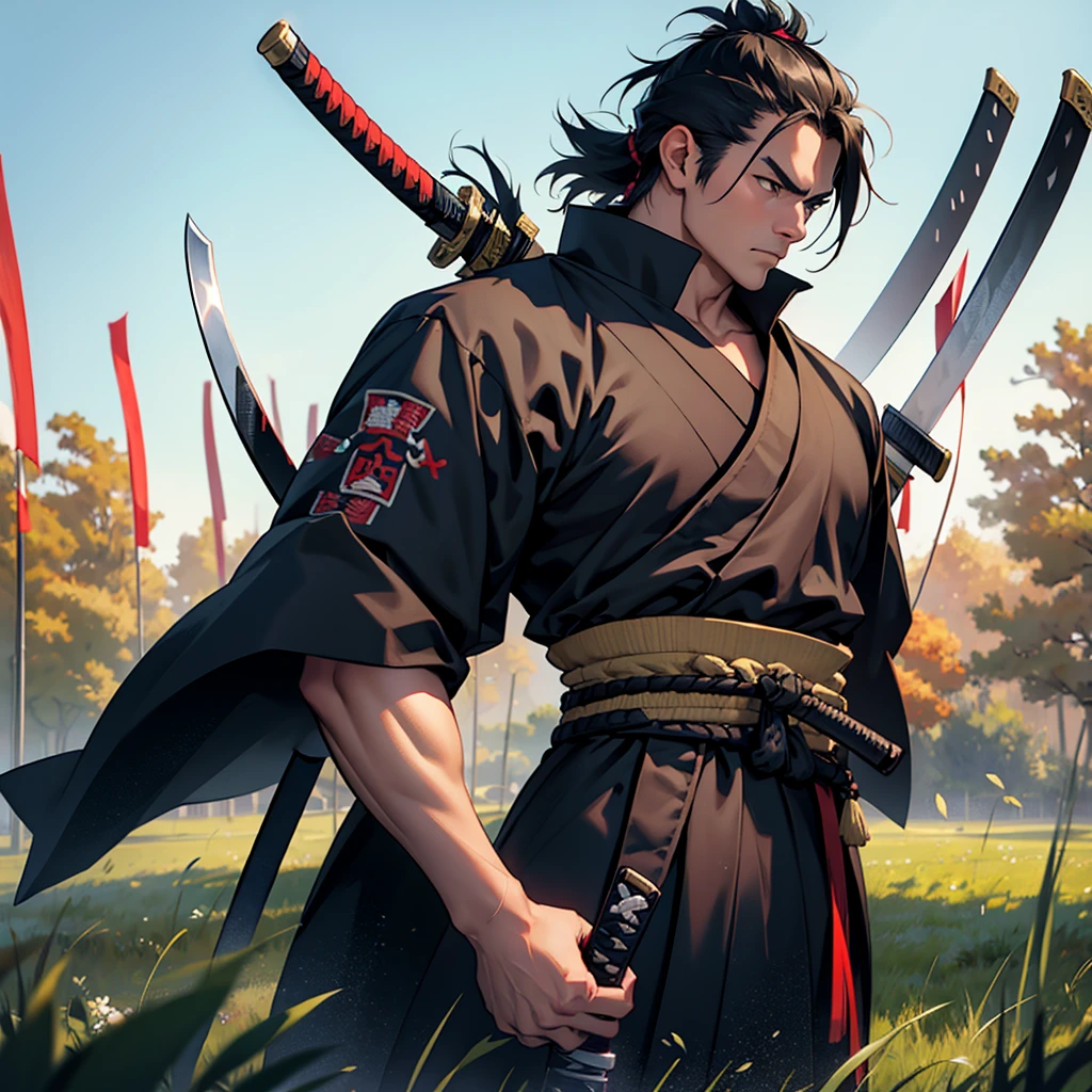The samurai holds his katana and looks into the distance on a huge field