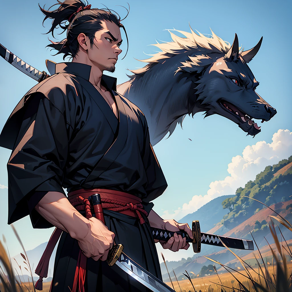 The samurai holds his katana and looks into the distance on a huge field