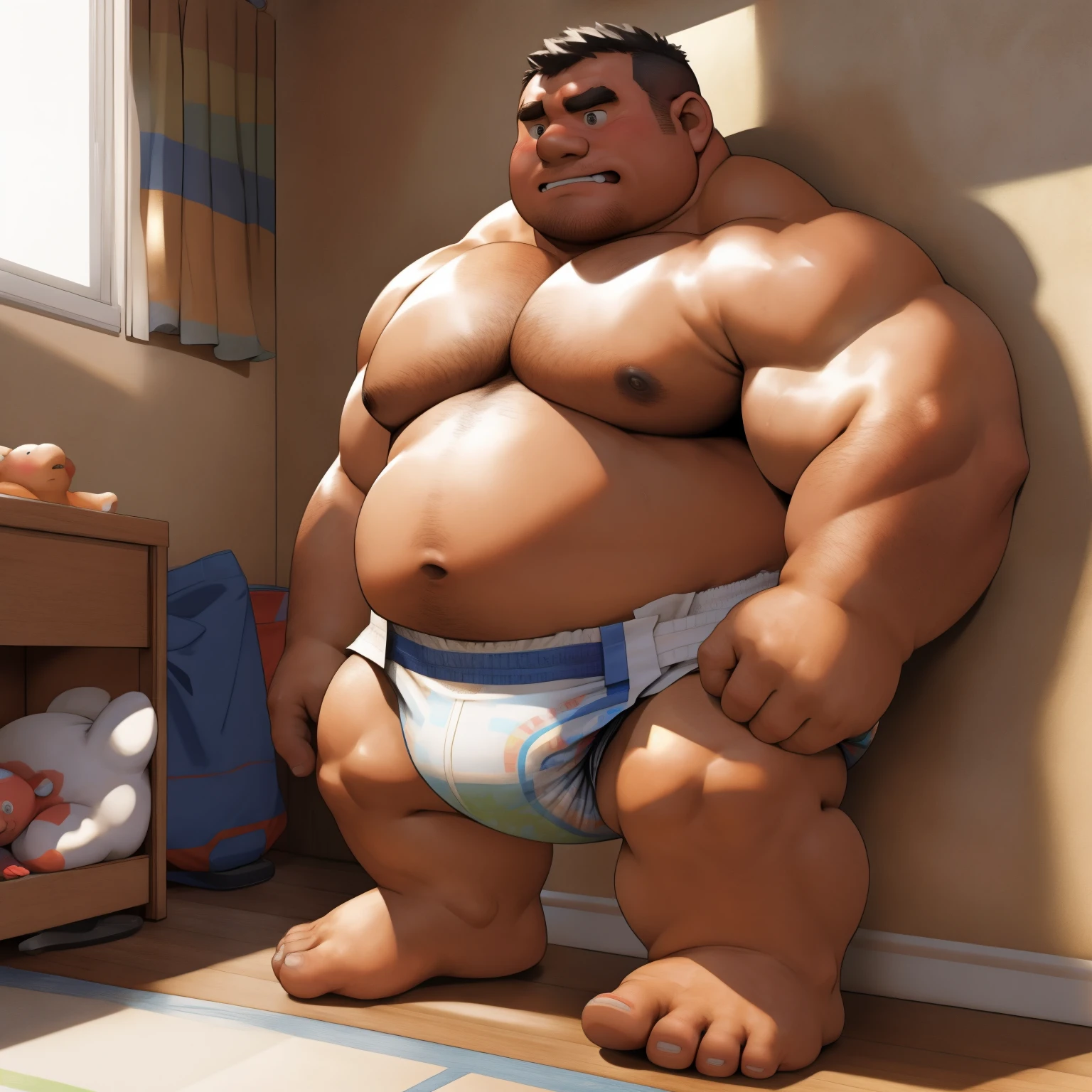 masterpiece, Top quality, in 32K, perfect anatomy, hyper detailed, super fine illustration, The thick man is a brutal prisoner, retarded, hairy, human, 50yo in japan, (fatness: 1.0), Fatty muscle, Bowleg, disappointment, incontinent, be diaper check by children, There is a small puddle under him, Naked, short legs, Bowleg, spread legs, wear a White cloth Diaper, Bare belly, Bare legs, Bare foots, Bare soles, Shirtless, wide forehead and short thinning hair, Man with round  face with stubble, Bare foots, Bare soles, shy, sissy, Weaker than children, Drool, Round face, He enters  and is despised by children, He is made to stand attention in the corner of the playroom, corner time, He surrounded by children, Bare foots, big butt, White Diaper, sobbing, There is a small puddle under him