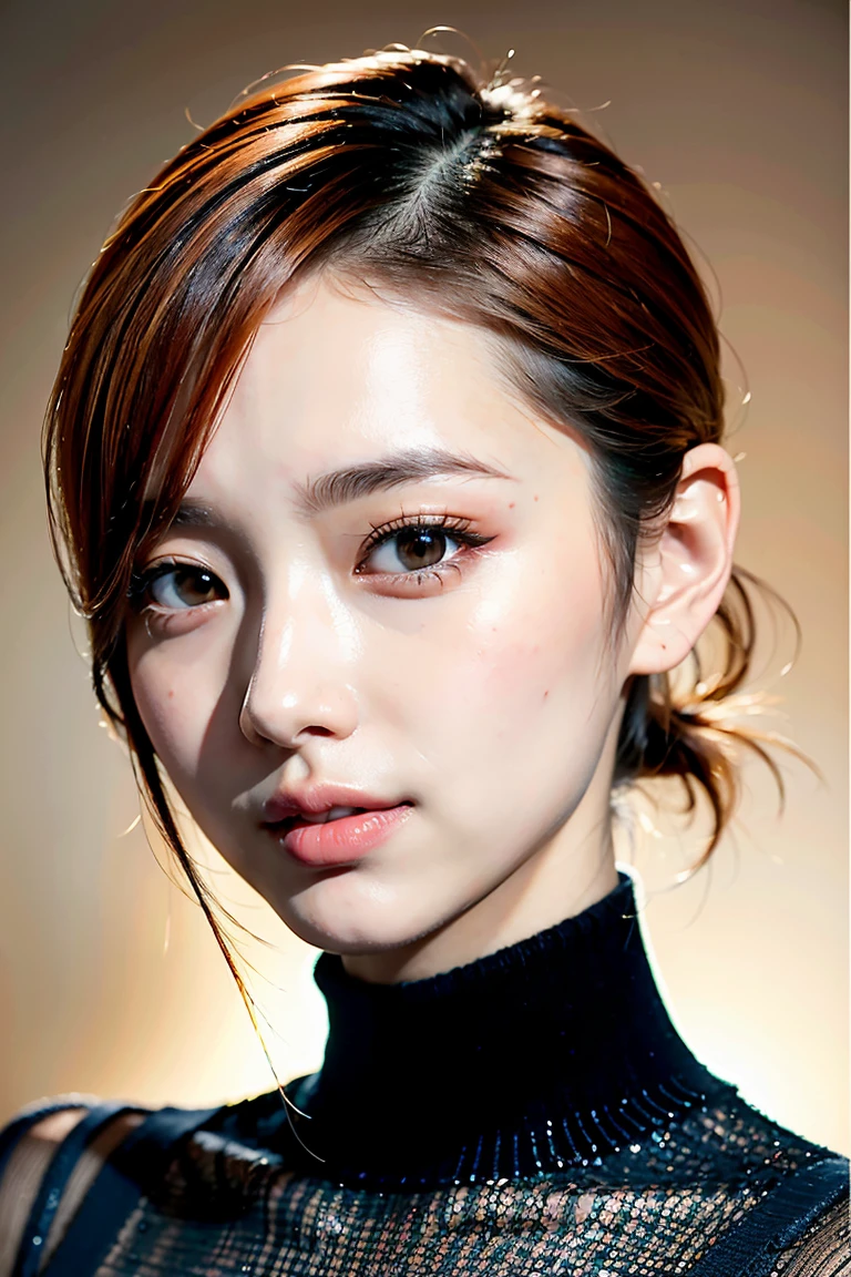 Realistic, masterpiece, Highest quality, Highest Resolution, One Japanese woman, Happy smile, Beautiful attention to detail, Iris, Thin eyebrows, Delicate eyelashes, False eyelashes, Orange Eyeliner, Lipstick is a bright color, short hair, Hair color is light brown, Draw a face carefully,  A simple black turtleneck sweater、Portrait background, Upper body photo