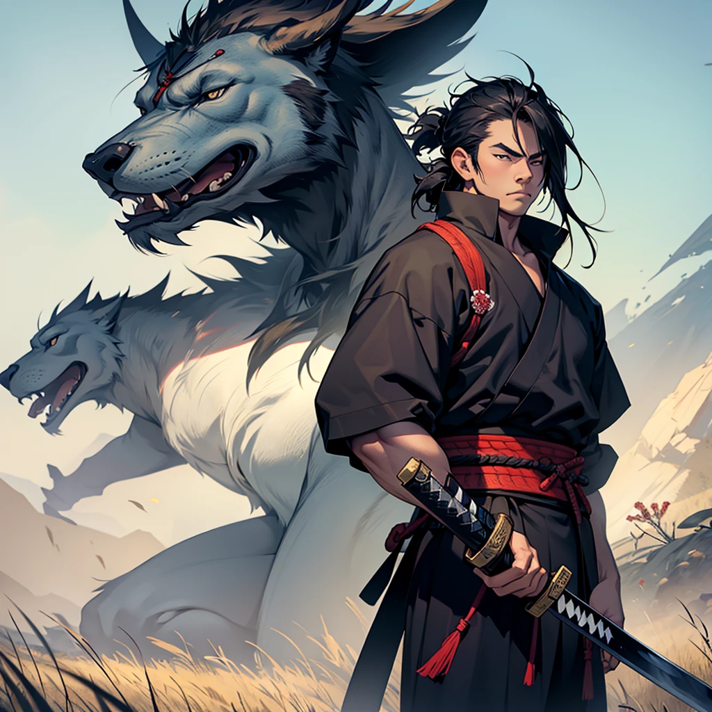 The samurai holds his katana and looks into the distance on a huge field