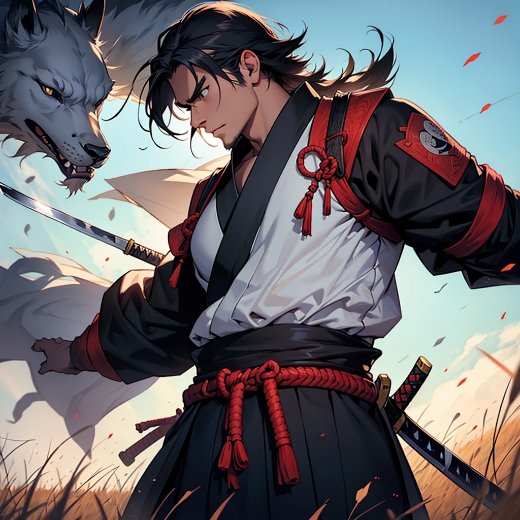 The samurai holds his katana and looks into the distance on a huge field