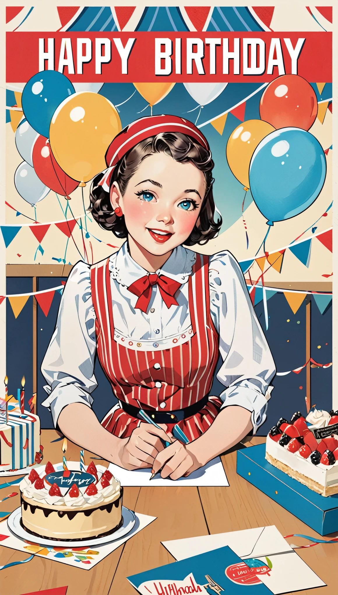 Birthday postcards, Retro, Vintage,Graphic Illustration,Detailed 2D illustrations,Flat Illustration, Digital Illustration,Digital Art,Norman Rockwell