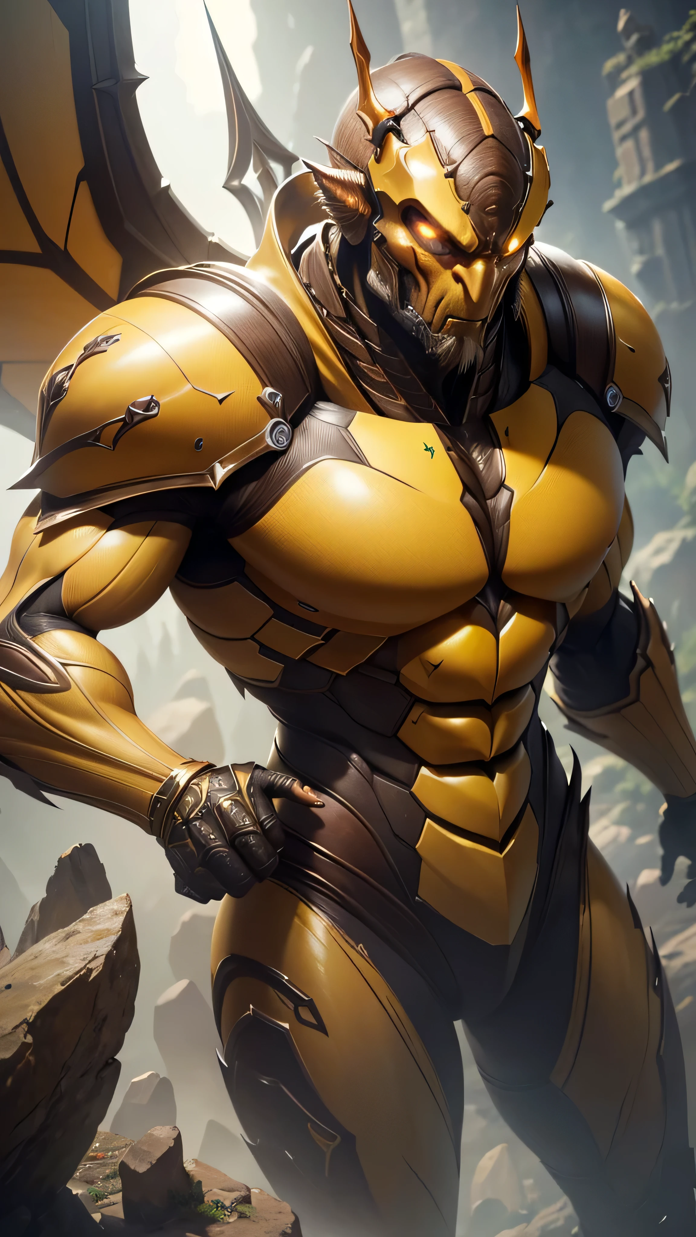 tall slender insectoid, spear, yellow brown skin, carapace armor, (masterpiece, best quality), (green eyes), (Hyper realistic:1.6), ((detailed face)), ((award-winning)), (sharp), (8k resolution), (cinematic lighting)
