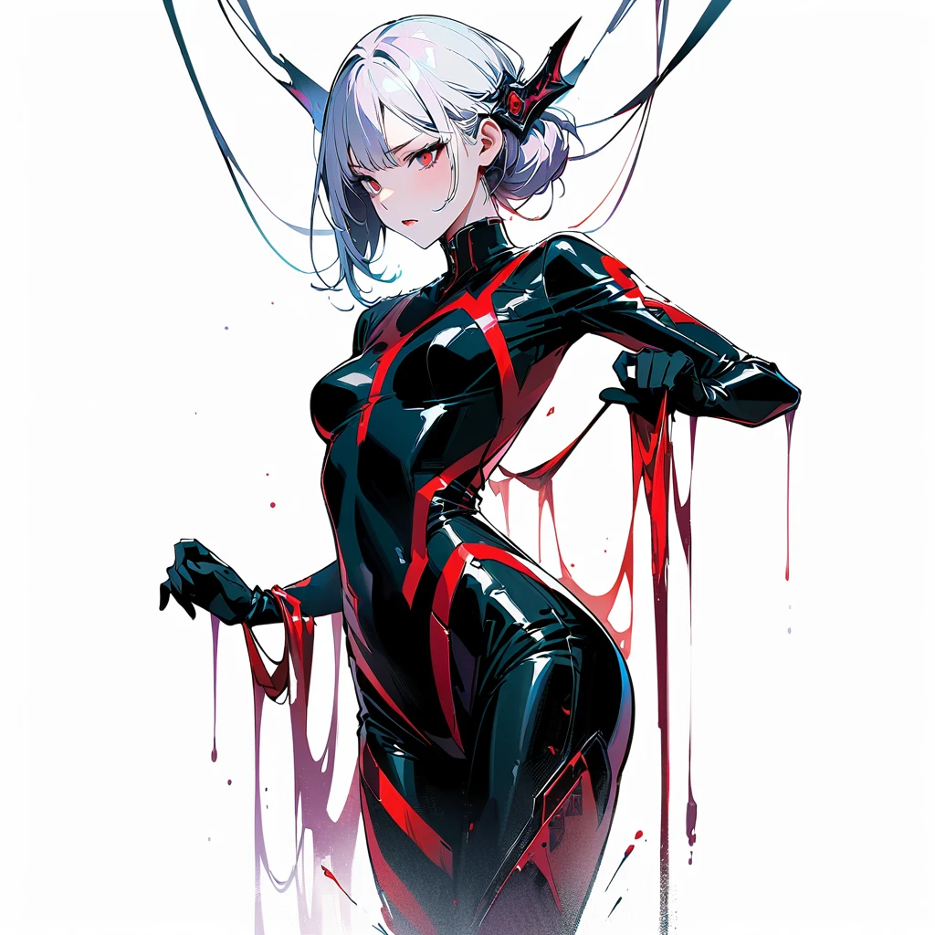masterpiece, best quality, 8K, Digital painting, 1 girl, solo, stand up, youth, White hair, long white hair, hair accessories, red eyes, round pupils, Emotionless expression, blood stains, Mechanical Parts, electric wire, cable, failure effect, horrifying, science fiction, futuristic, Dark inside the background, neon lights, cyberpunk characters, Surreal, weird, Disturbing, spine-chilling, horrifying, jumpsuit,Red eyes,Venom Possession,blackened,Long black gloves,One-piece Pants,tight latex bodysuit,Highlight her graceful figure,wrap the whole body,symbiont,((Raised sexy)),jumpsuit,Red eyes,Venom Possession,blackened,Long black gloves,One-piece Pants,Black latex clothing,Blood-red eyes,best quality, High resolution, Super detailed, Vivid textures, mask, tight latex bodysuit, Bangs,purple hair, blue eyes