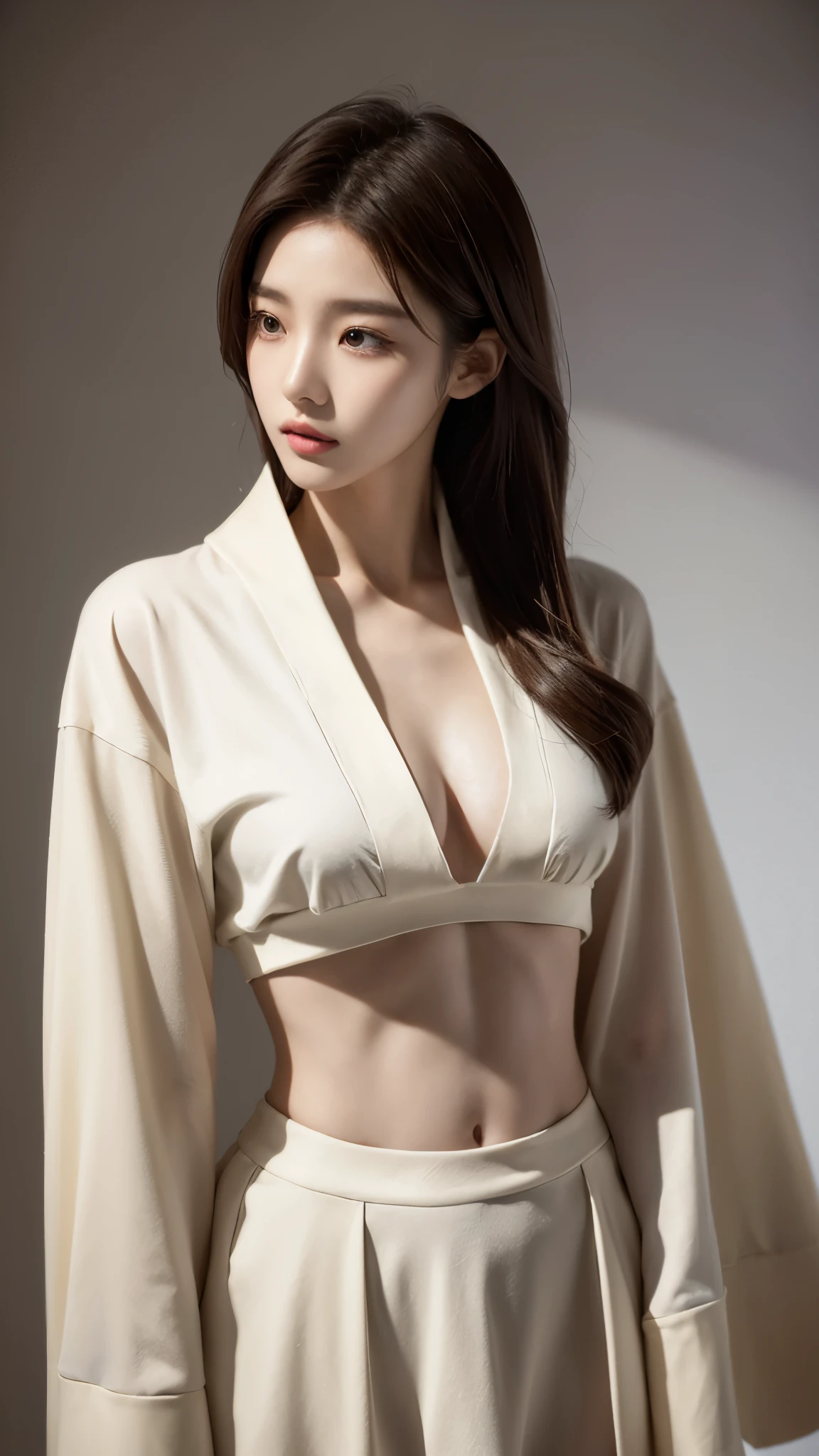 20 year old woman,korean beauty,kpop idol,big_chest,Perfect ,pure_split,calm tone,muted colors,high contrast,natural skin texture,surrealism,soft light,sharp,simple background,light brown hair,sexy costumes,undercut