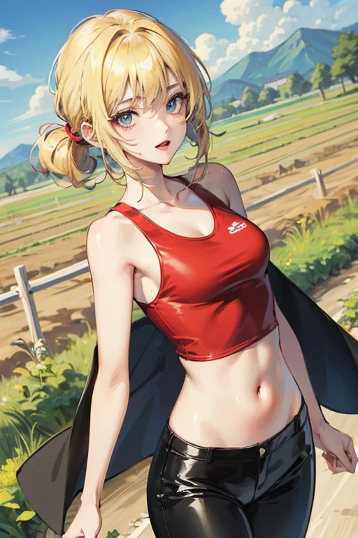 chisatonishikigi, nishikigi chisato, short hair, bangs, blonde hair, (red eyes:1.5), hair ribbon, one side up, bob cut,
BREAK navel, bare shoulders, thighs, stomach, crop top, buruma, sportswear, zipper pull tab, red buruma, sports bikini,
BREAK outdoors, track and field,
BREAK looking at viewer, BREAK (masterpiece:1.2), best quality, high resolution, unity 8k wallpaper, (illustration:0.8), (beautiful detailed eyes:1.6), extremely detailed face, perfect lighting, extremely detailed CG, (perfect hands, perfect anatomy),