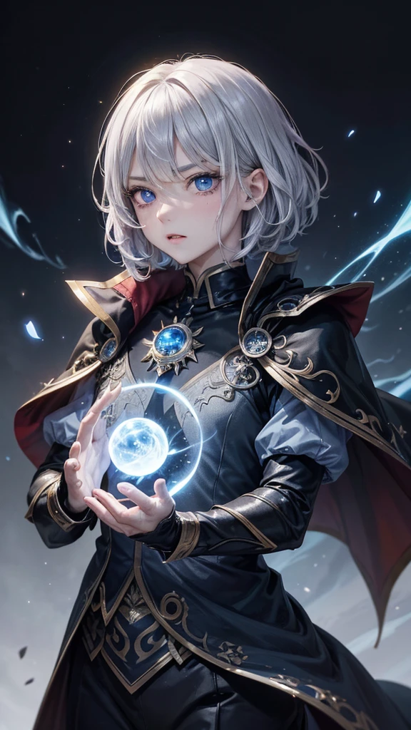 (Highest quality,Very detailed,High resolution:1.2),One adult male,Silver Hair,The most beautiful young man in human history,(1 photo from the front),Dark blue eyes (Dark blue eyes:1.1),さみし気なaura(aura:1.1),(mysterious,Ghostly:1.1) atmosphere,Looks like half a demon,(Demonic traits,Demonic traits),(Elaborate,wonderful) ,Strong body、Shortcuts、Use magic、auraが漂う、Cape、Powerful、Confident expression、Are standing、Very Short Hair、Hair in transverse divisions、Perm、Sharp Eyes、Angry、Glowing blue fireball、Emits a flash of light from the body