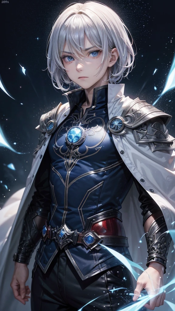 (Highest quality,Very detailed,High resolution:1.2),One adult male,Silver Hair,The most beautiful young man in human history,(1 photo from the front),Dark blue eyes (Dark blue eyes:1.1),(mysterious,Ghostly:1.1) atmosphere,Looks like half a demon,(Demonic traits,Demonic traits),(Elaborate,wonderful) ,pants、Strong Body、Shortcuts、Use magic、Aura of、Cape、Stocky physique、Confident expression、Very short hair、The bangs are swept to the side、Permed hair、Sharp eyes、Angry expression、Are standing、Hair in the wind、Open your mouth