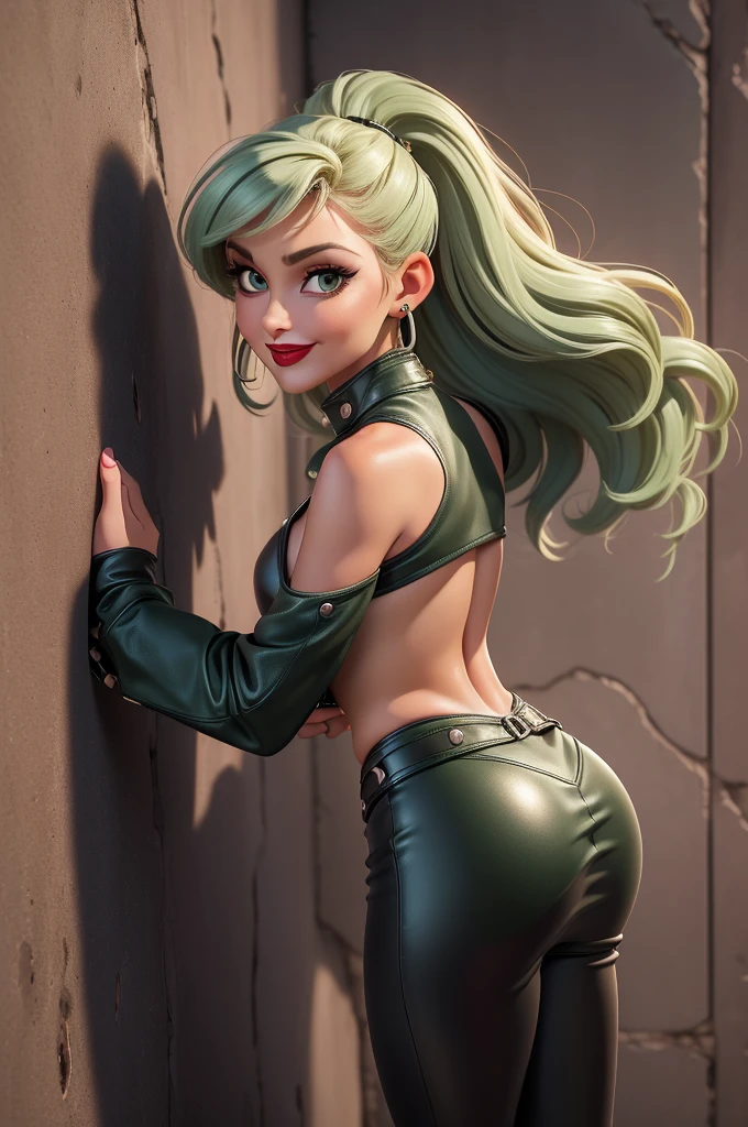 obra prima, melhor qualidade, ((one woman only,)) ((nina blackwood, glamor makeup,)) looking back over shoulder at me, (((eyes open, thick red lips, pucker face sexy smile,))) wearing shiny leather biker jacket, ((biker jacket only, nip slip,)) ((dark green high waisted leather skirt,)) leather has studs and zippers and chains, body is slender, skinny shiny tight ass, ((facing wall, body pressed to wall, shoulders arched back, touching herself sexually,)) (camera view of whole body, back view of body,) shallow depth of field, highres, HD, 8k, anatomically correct