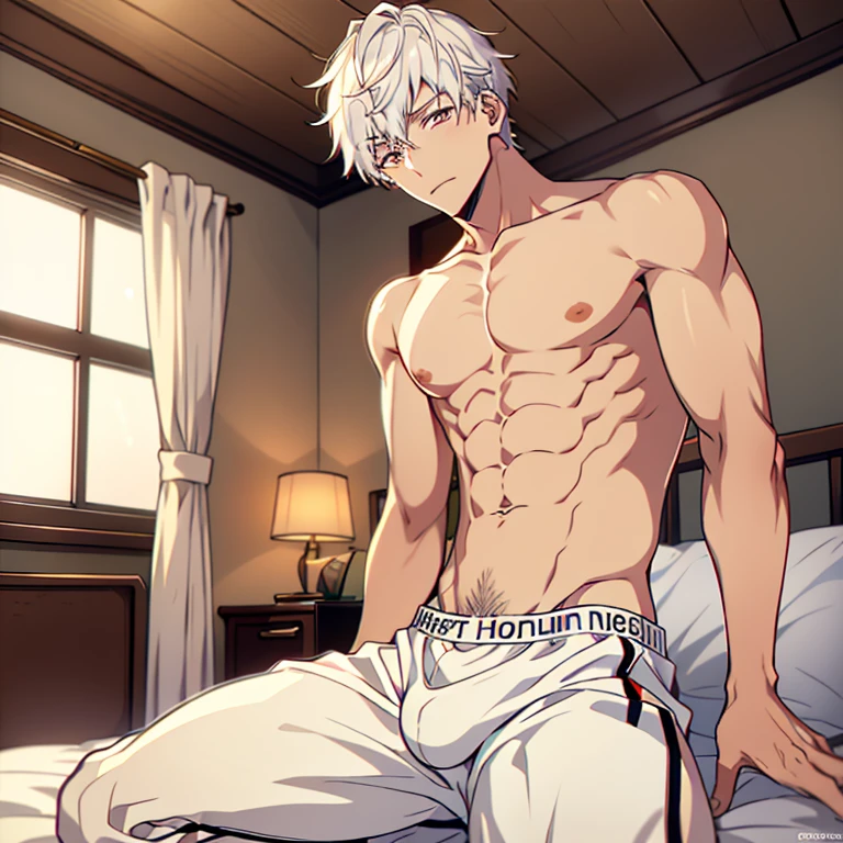 1boy, best quality, detailed face, (detailed eyes:1.3), light-skinned male, white hair, short hair, messy hair, red eyes, happy, shirtless, white bulge, muscular male, indoors, hotel