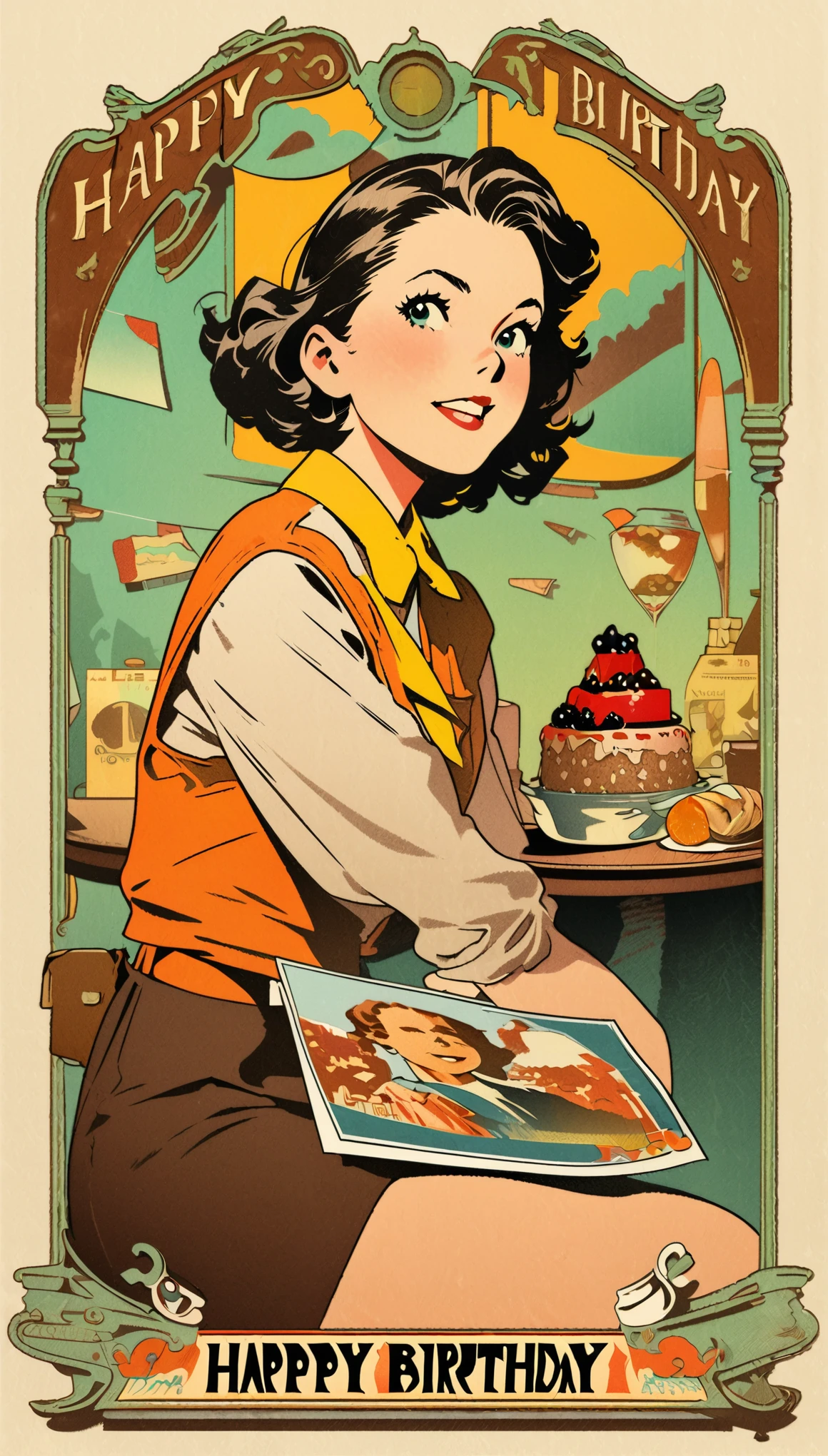 Birthday postcards, Retro, Vintage,Graphic Illustration,Detailed 2D illustrations,Flat Illustration, Digital Illustration,Digital Art,Norman Rockwell wind