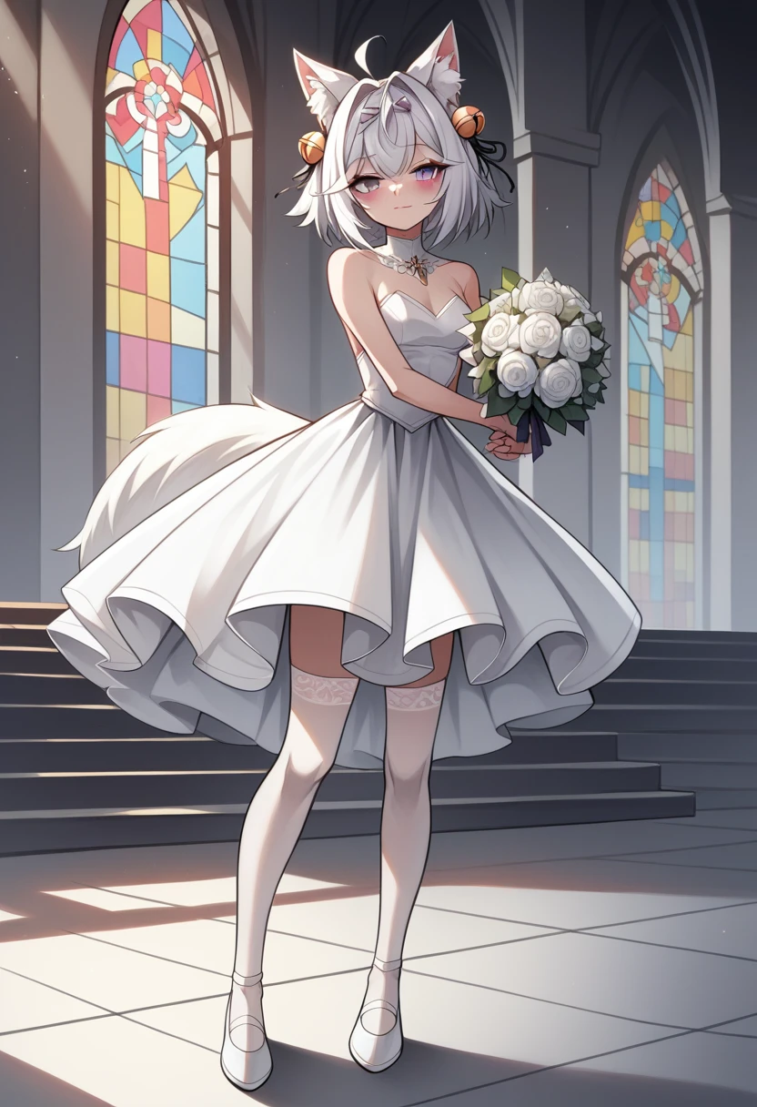 UHD, masterpiece, best quality, church, infront of the altar, 1girl, solo, Filian, white fox tail, ((fluffy fox tail)), ((small cat ears)), white hair, short hair, ahoge, hairclip, hair bell, deep violet eyes, blush, seductive smile, a-line wedding dress, white stockings, white shoes with heals, slim arms, slim legs, Eye-Level Shot, holding bridal bouquet ,full body pose, innocent pose