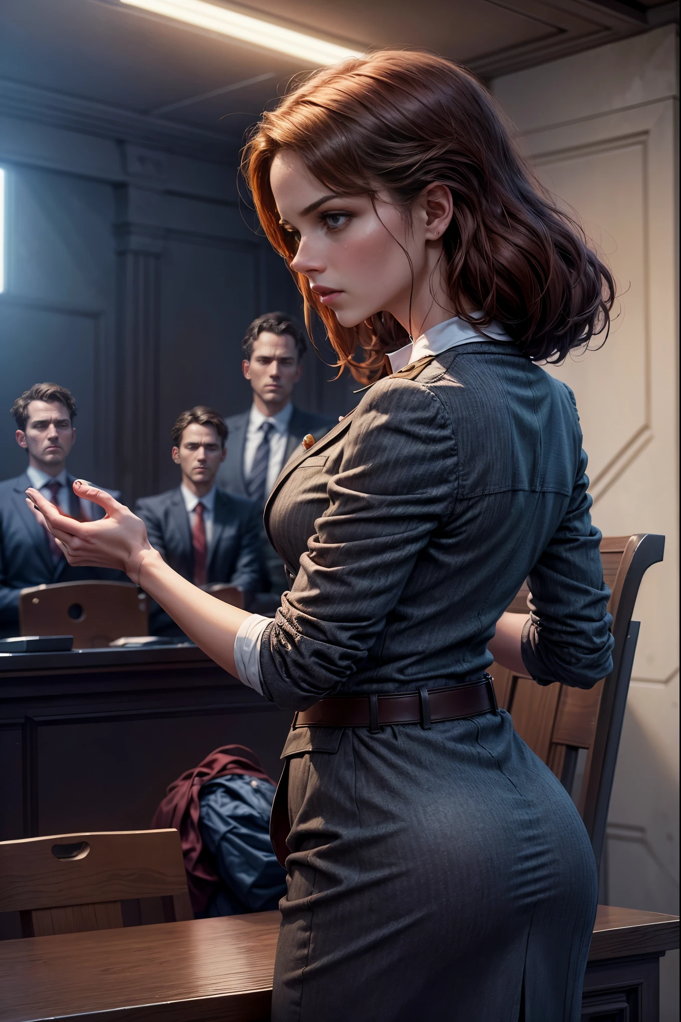 plano gran general:1.5, cuerpo entero:1.5 se ve toda la escena en el juzgado, La female lawyer questioning an accused man, the judge is visible, and all the people in a courtroom, elegant woman attorney in formal suit, detailed facial features, dramatic lighting, intricate courtroom interior, high quality, photorealistic, cinematic, dramatic atmosphere, muted color tones awyer