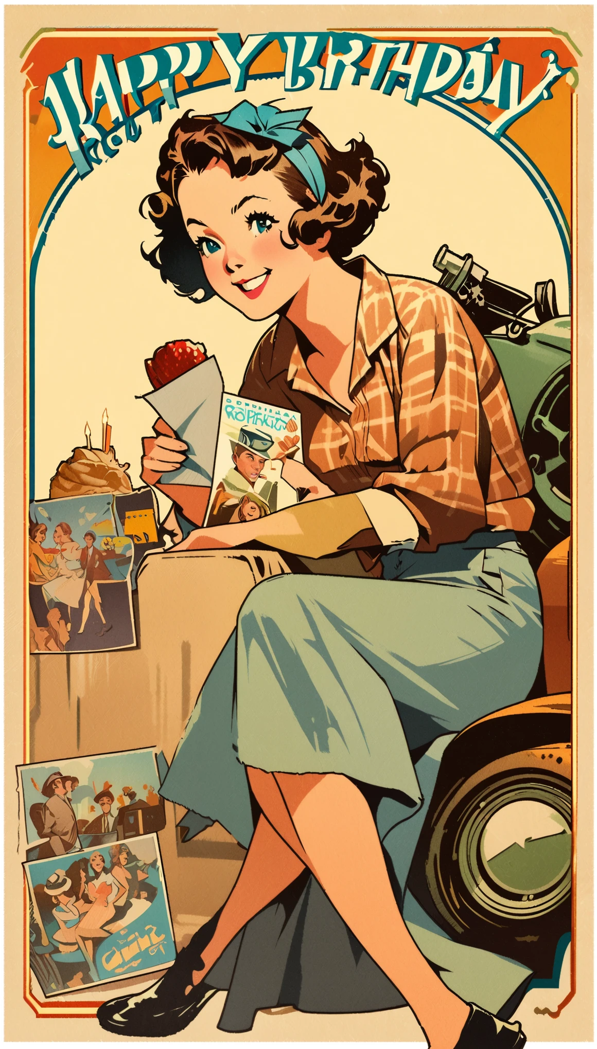 Birthday postcards, Retro, Vintage,Graphic Illustration,Detailed 2D illustrations,Flat Illustration, Digital Illustration,Digital Art,Norman Rockwell wind