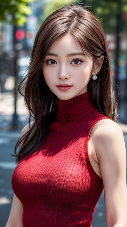 photography of a brightly sangmi nam who is korean actress,masterpiece,photorealistic,analog,realism,korean idol,slim leg, long_brown_hair,1 girl, very bright backlighting, solo, {beautiful and detailed eyes}, large breasts,calm expression, natural and soft light,delicate facial features, Blunt bangs, beautiful korean girl, eye smile, very small earrings,(wearing a long red tight sleeveless knit turtleneck dress:1.5),long hair,drawn action:(The girl must be standing in a model pose:1.3),23yo, film grain, realhands,shy smile,(upper body shot:1.6)